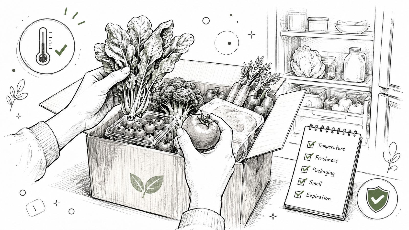 A person organizing fresh produce from a delivery box into a refrigerator while checking quality standards.