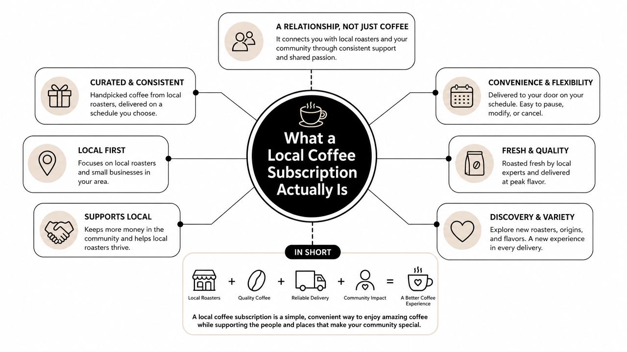 An infographic explaining the benefits and key components of a local coffee subscription service for consumers.
