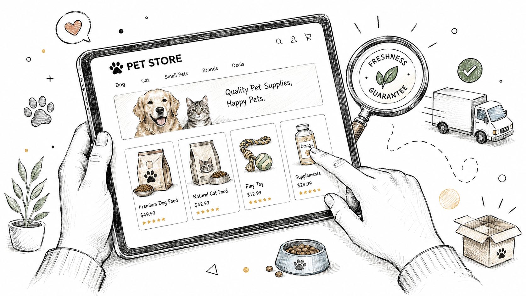 A person browsing a pet store website on a tablet to order natural food and supplies online.