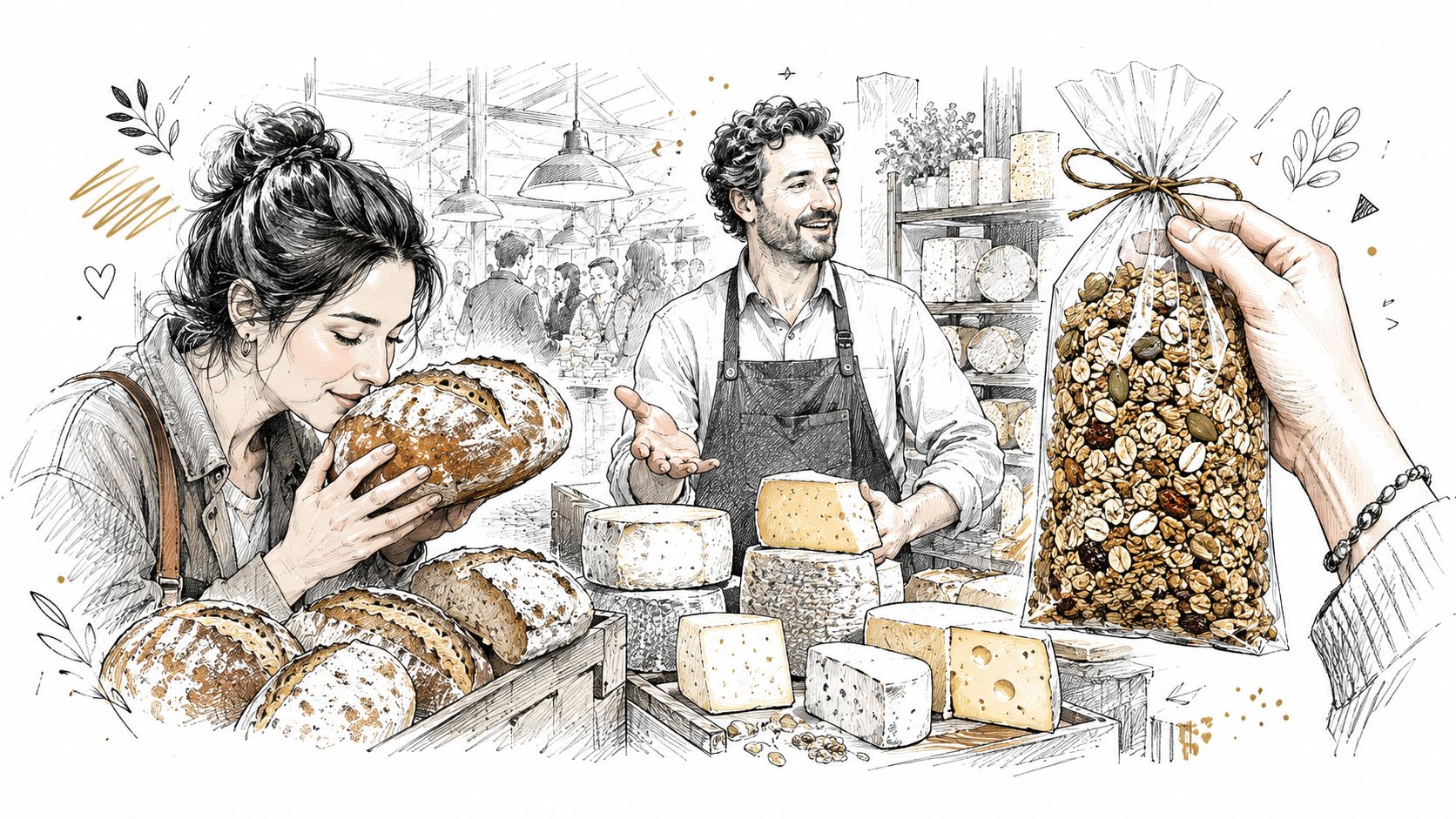 A woman smelling fresh bread at an artisan food marketplace while a vendor shows various cheeses nearby.