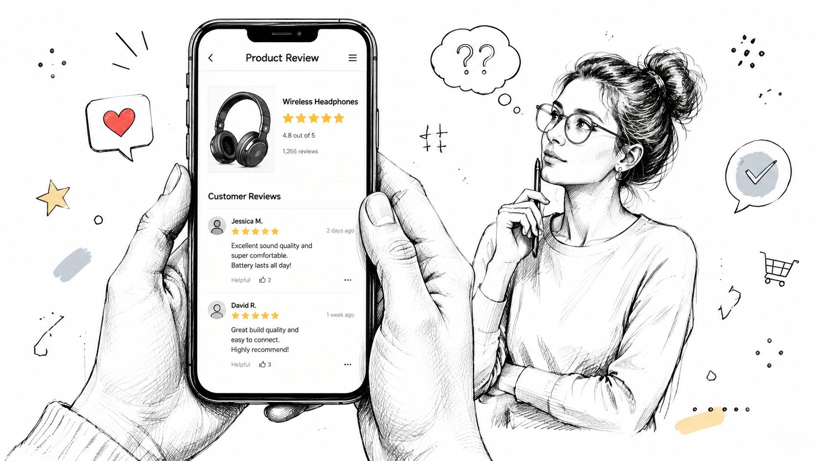 A hand-drawn illustration showing a person examining online product reviews on a smartphone screen.