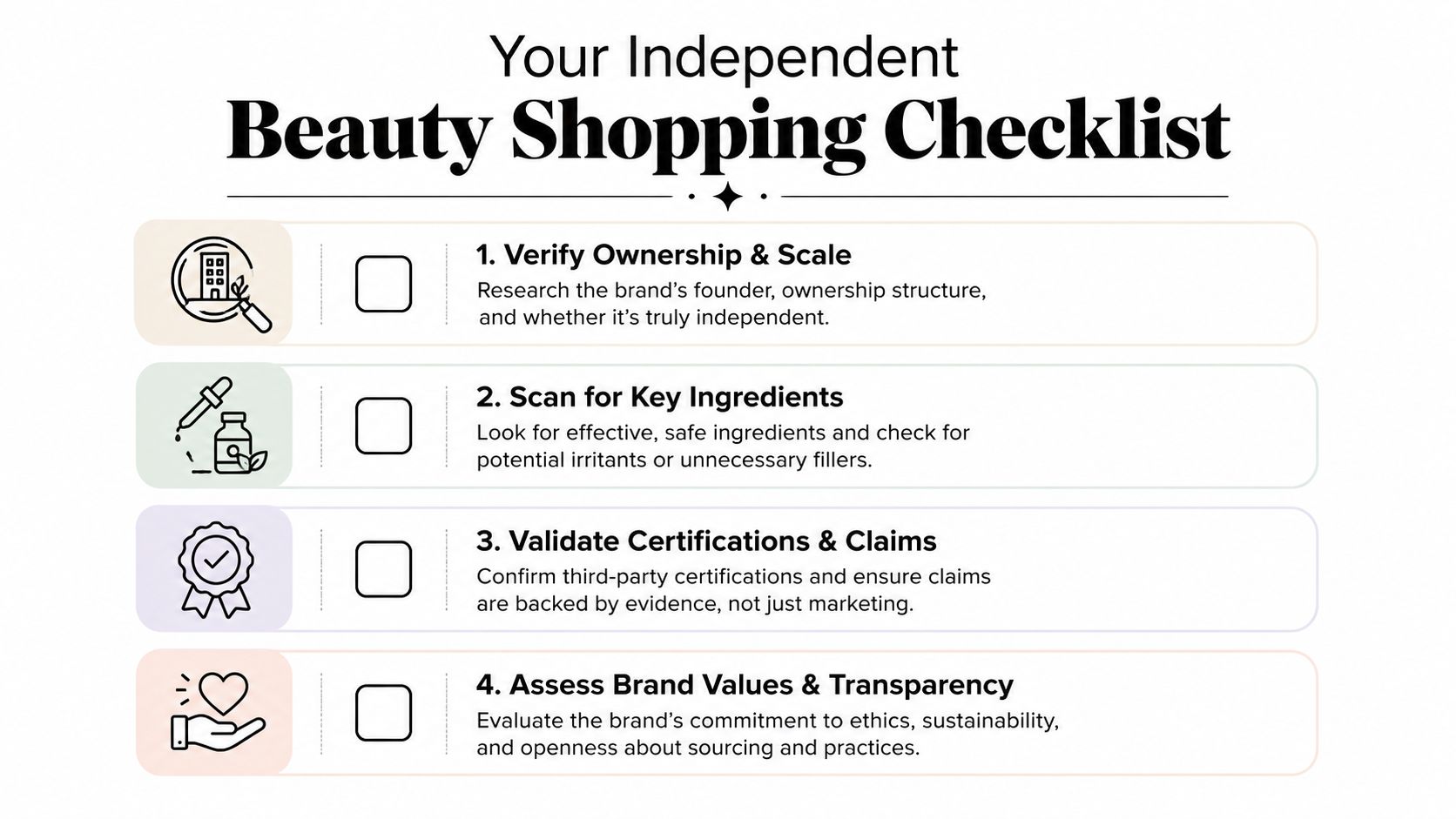A checklist graphic helping consumers evaluate independent beauty brands through four key steps for smart shopping.