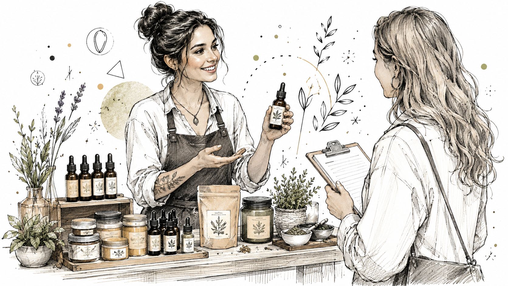 A friendly shopkeeper showing a bottle of essential oil to a customer at a local wellness boutique.