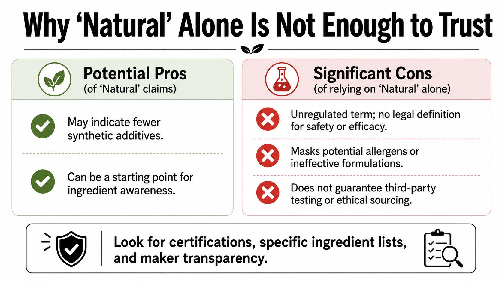 An infographic titled Why Natural Alone Is Not Enough to Trust listing pros and cons of claims.