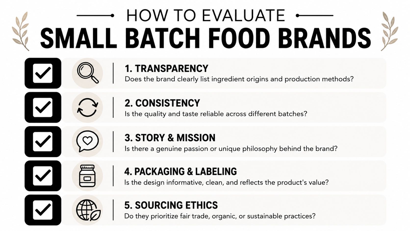 A checklist infographic titled How to Evaluate Small Batch Food Brands, listing five key criteria for evaluation.