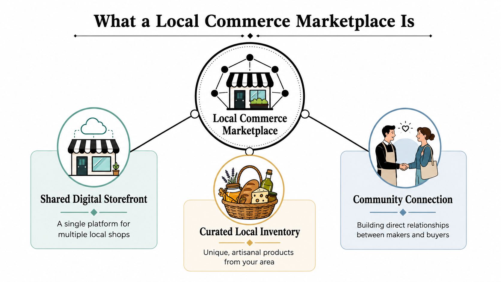 A diagram explaining a local commerce marketplace through a digital storefront, curated local inventory, and community connections.