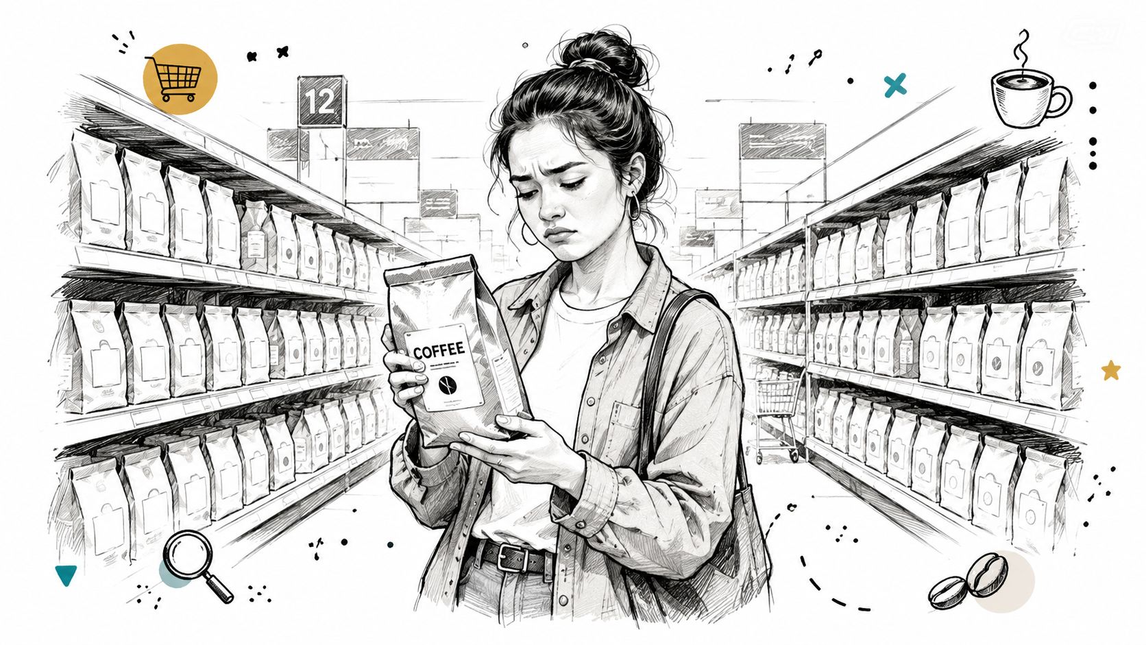 A confused young woman holding a coffee bag while shopping in a grocery store aisle.