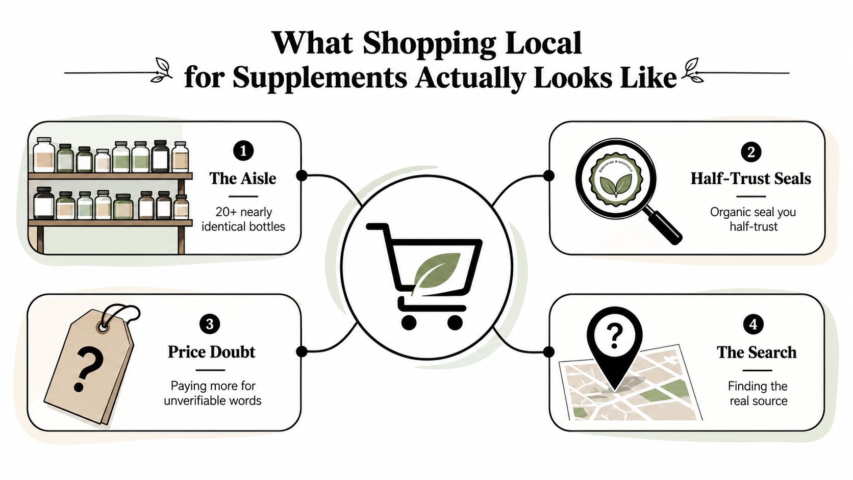 An infographic illustrating the challenges and confusion involved in shopping for local organic supplements.