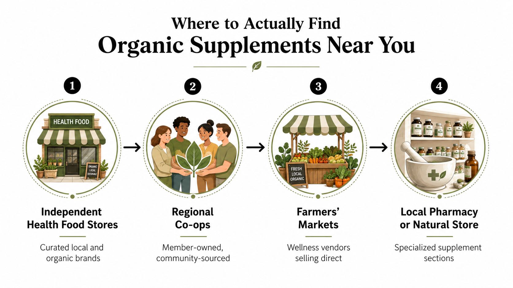 An infographic illustrating four locations to find organic supplements, including health stores, co-ops, farmers' markets, and pharmacies.