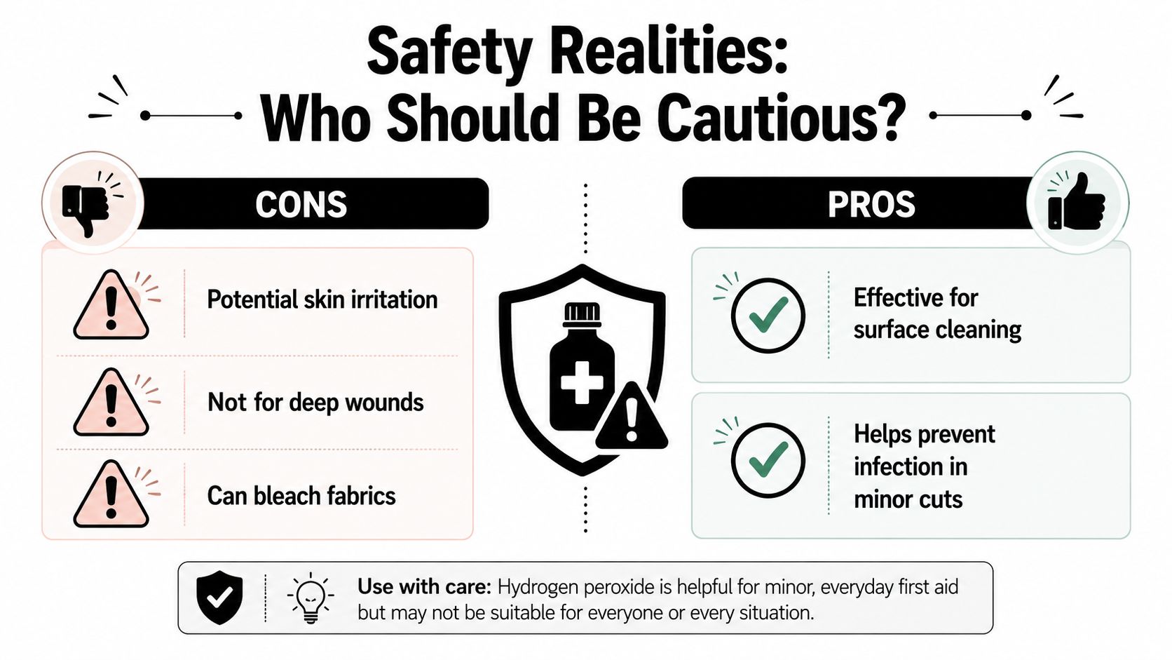 A safety infographic highlighting the pros and cons of using hydrogen peroxide for first aid purposes.