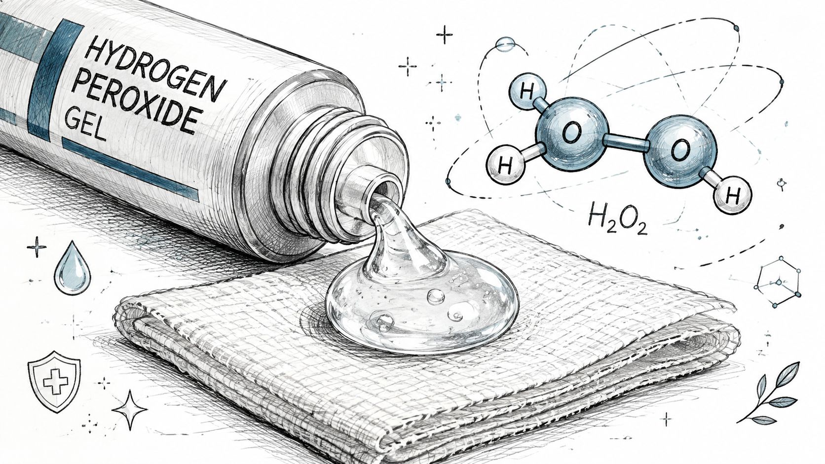 A sketched illustration of a tube squeezing hydrogen peroxide gel onto a cloth next to chemical structures.