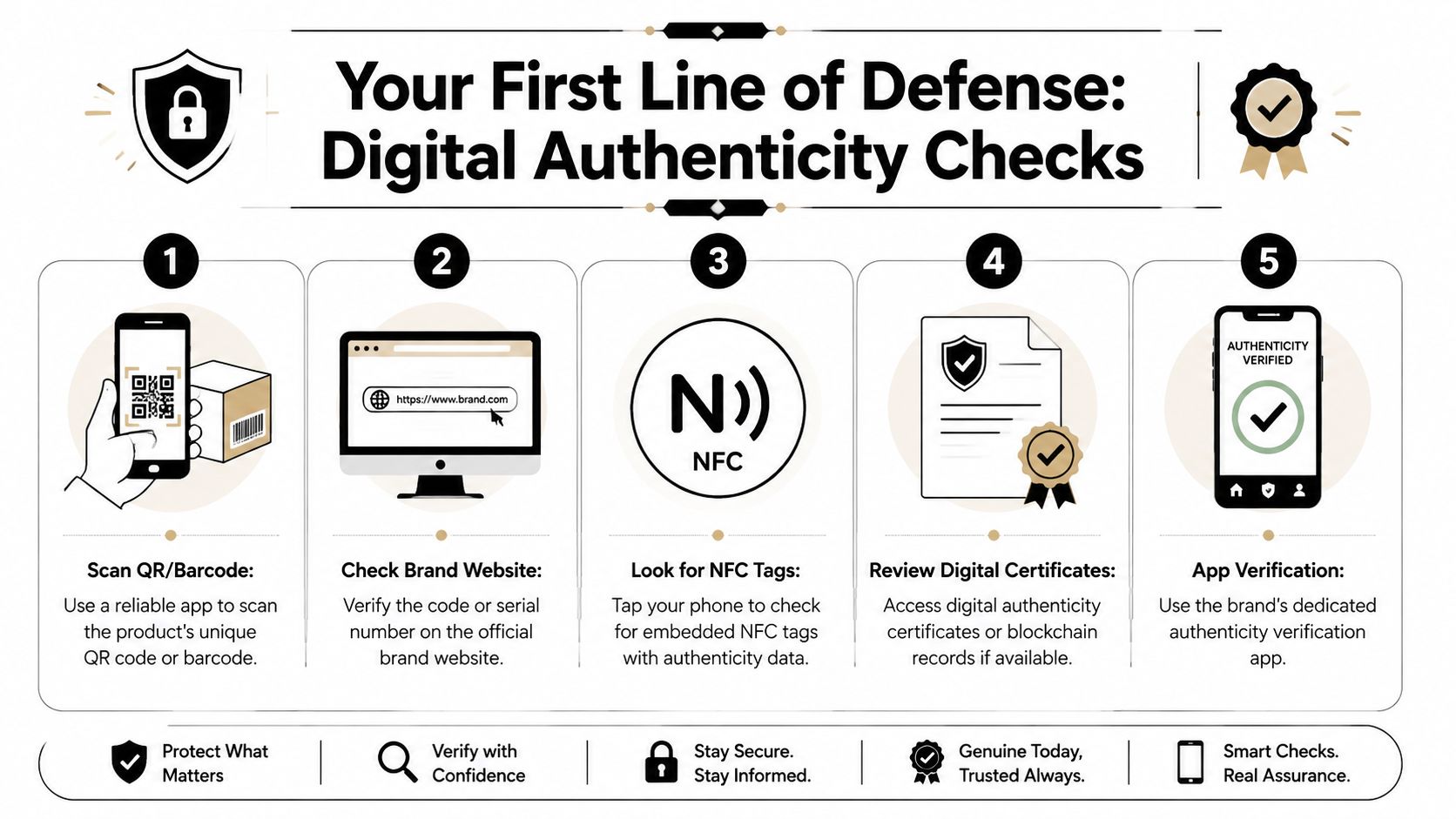 A step-by-step infographic illustrating five digital methods to verify product authenticity for consumer protection and security.