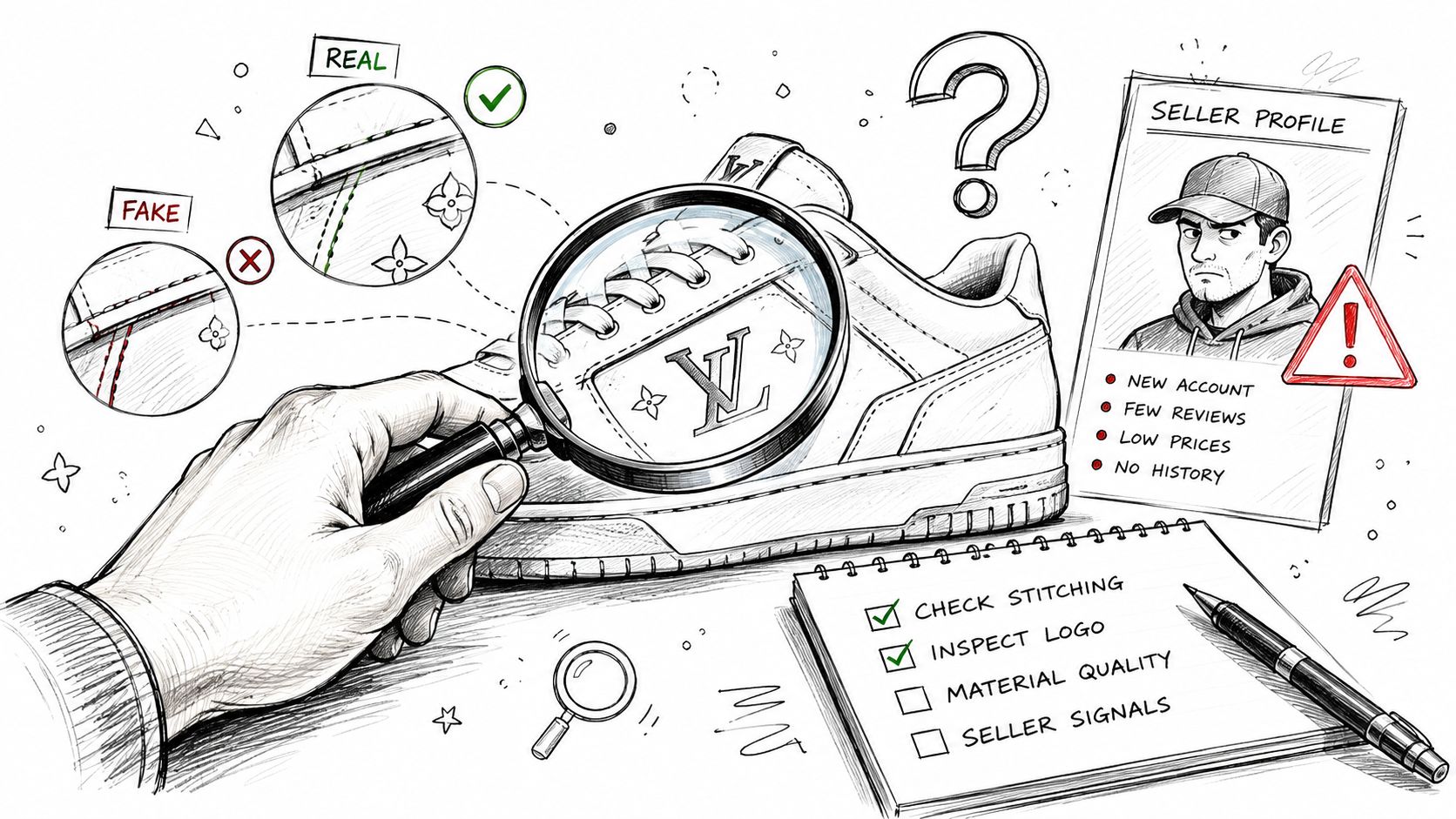 A hand examines a designer sneaker with a magnifying glass to check for product authenticity signs.