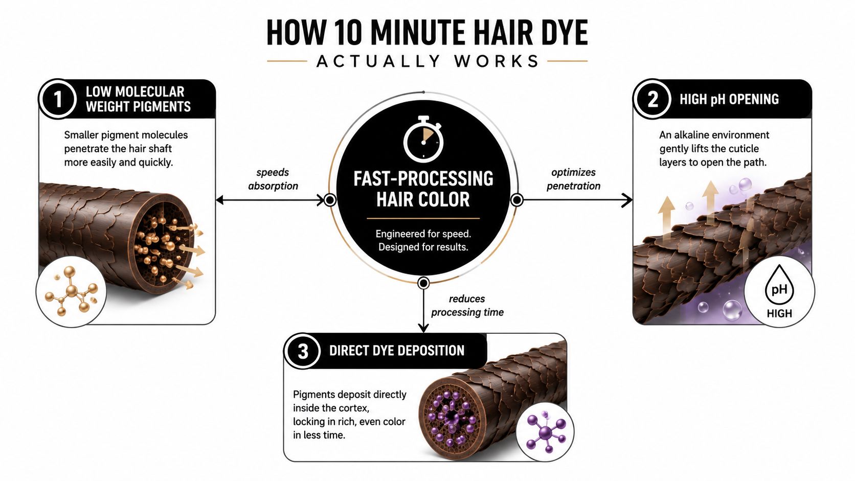 An infographic explaining the three-step scientific process of how 10-minute hair dye penetrates and colors hair.