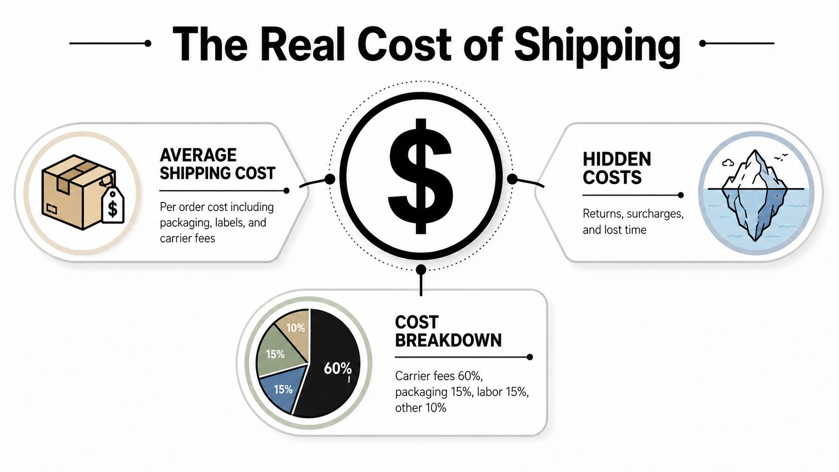 An infographic titled The Real Cost of Shipping detailing average shipping costs, hidden expenses, and a cost breakdown.