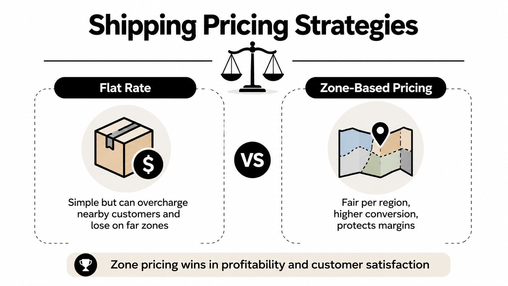 A comparison infographic between flat rate and zone-based shipping strategies for businesses to optimize costs.