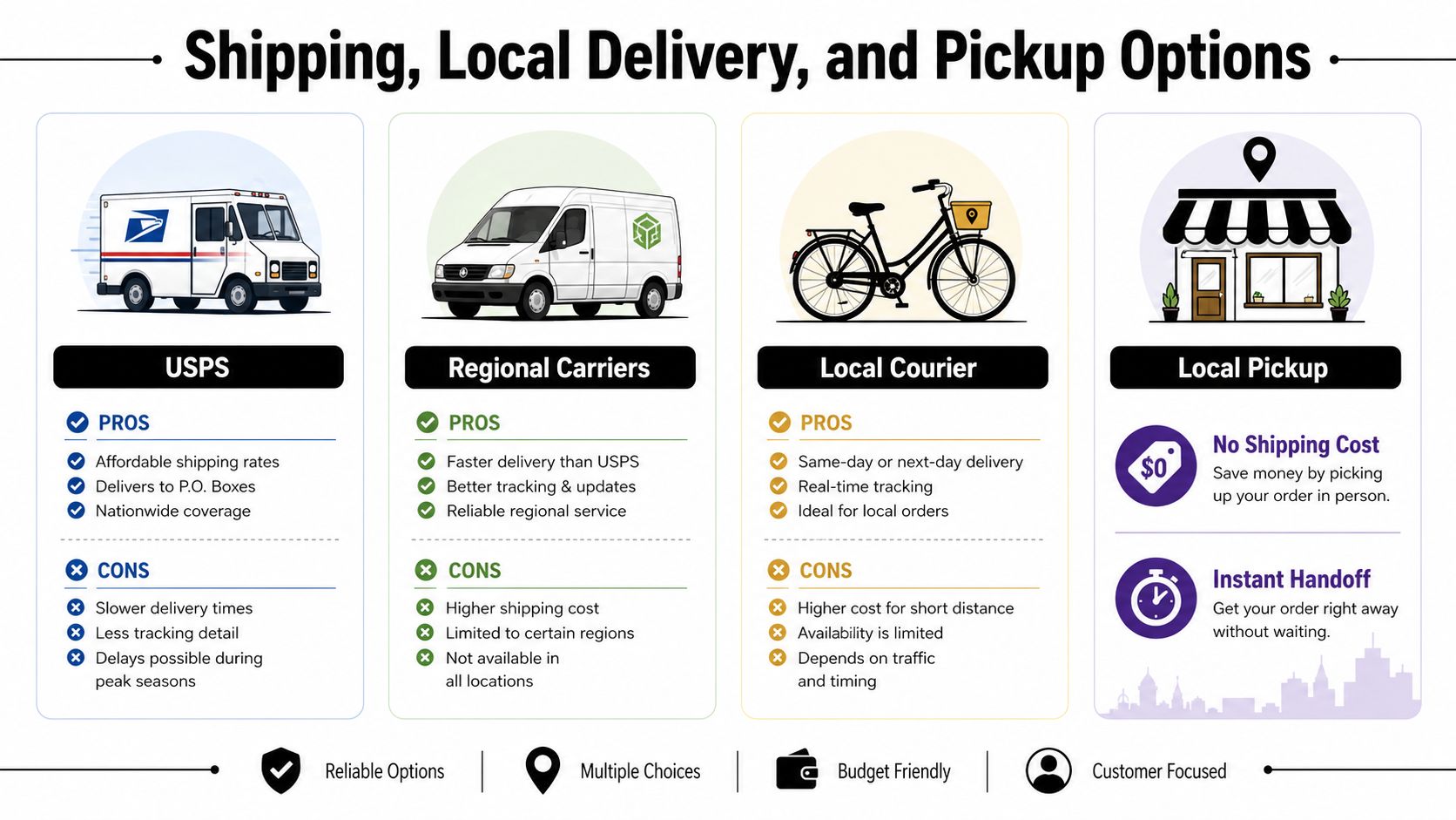 A comparison chart outlining the pros and cons of shipping, local delivery, and order pickup options.