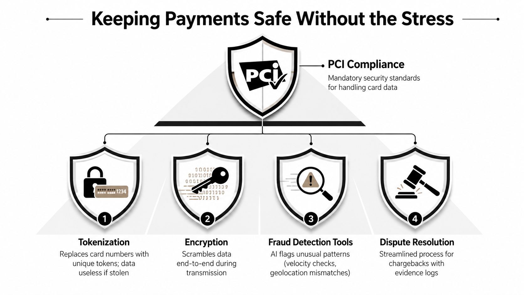 An infographic illustrating PCI compliance and four essential payment security measures including tokenization, encryption, fraud detection, and dispute resolution.