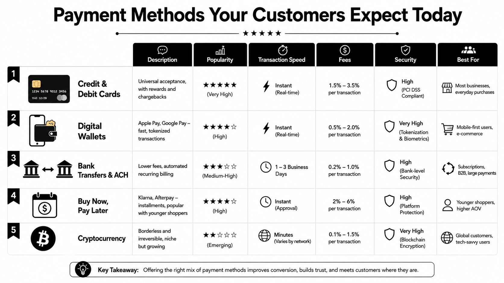 A comparison chart outlining five popular customer payment methods including credit cards, digital wallets, bank transfers, BNPL, and cryptocurrency.