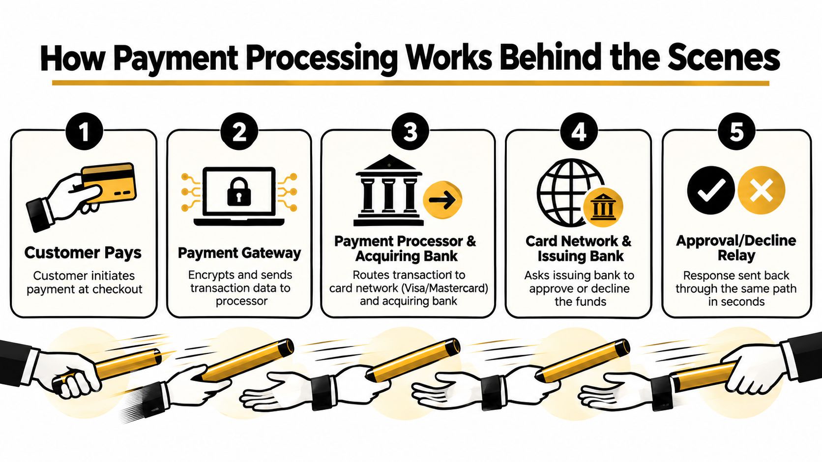 An infographic illustrating the five-step process of payment processing for online transactions behind the scenes.