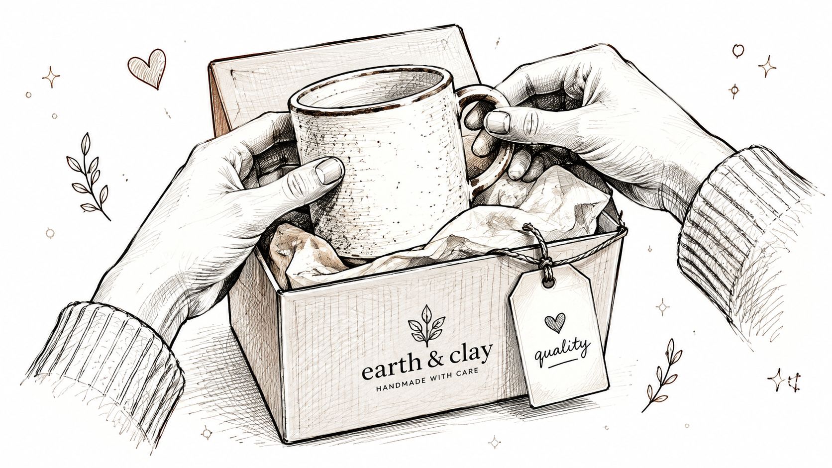 A hand-drawn illustration showing a person opening a gift box containing a handmade clay mug.