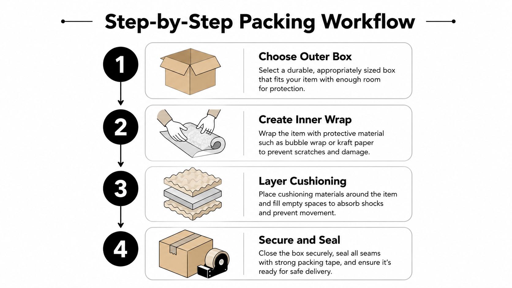 A step-by-step infographic illustrating the four essential stages for safely packing and shipping fragile items.