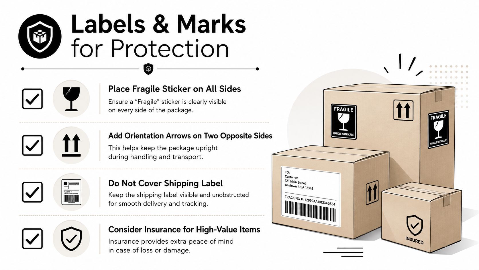 An instructional graphic demonstrating essential packaging tips for fragile items, featuring boxes with handling labels and insurance.