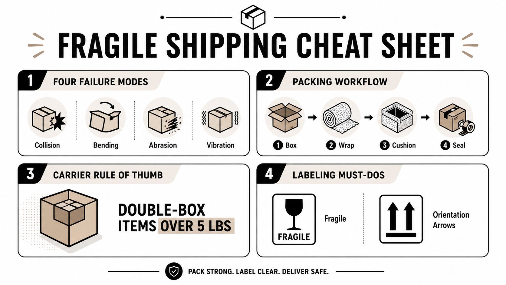 A helpful infographic titled Fragile Shipping Cheat Sheet showing failure modes, packing steps, and labeling instructions.