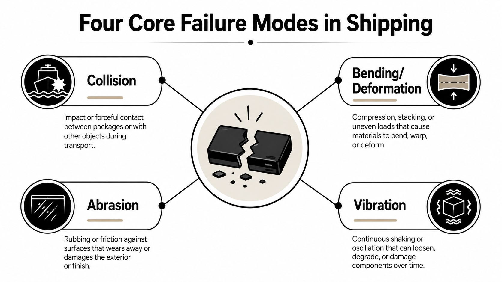 A diagram illustrating four primary shipping failure modes: collision, bending, abrasion, and vibration affecting packaged goods.