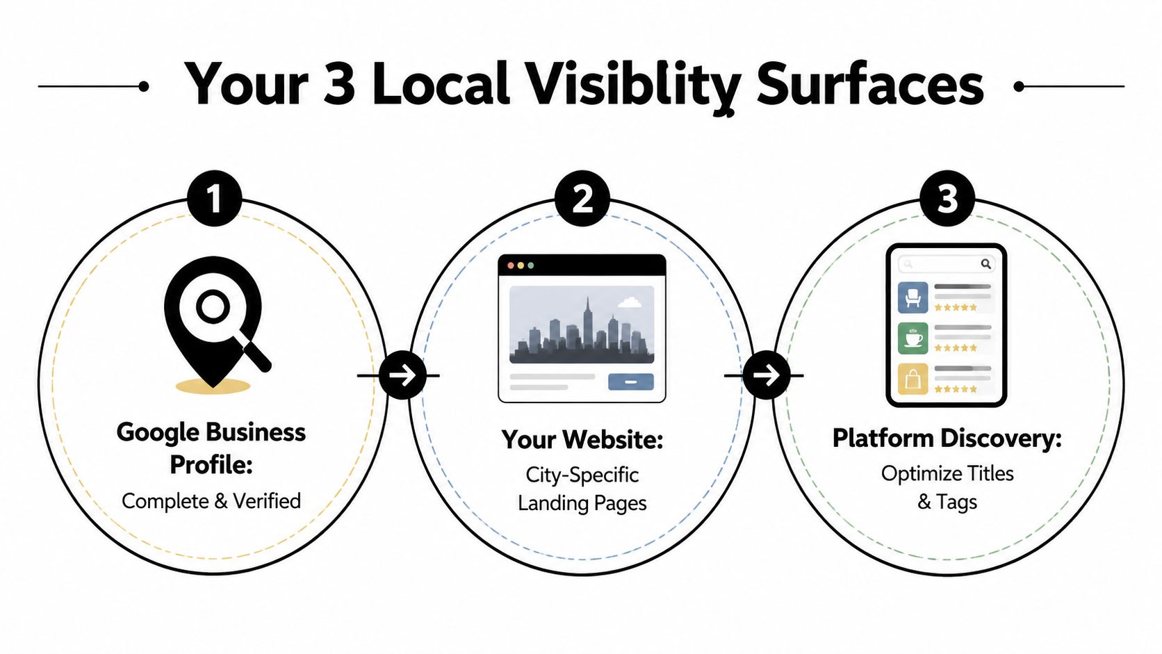 A diagram outlining the three key local visibility surfaces including Google Business Profile, city-specific landing pages, and platform discovery.
