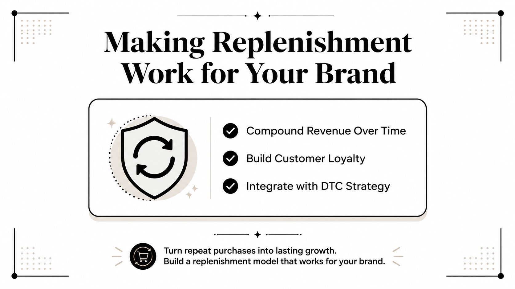 A professional infographic titled Making Replenishment Work for Your Brand with business growth benefits listed.