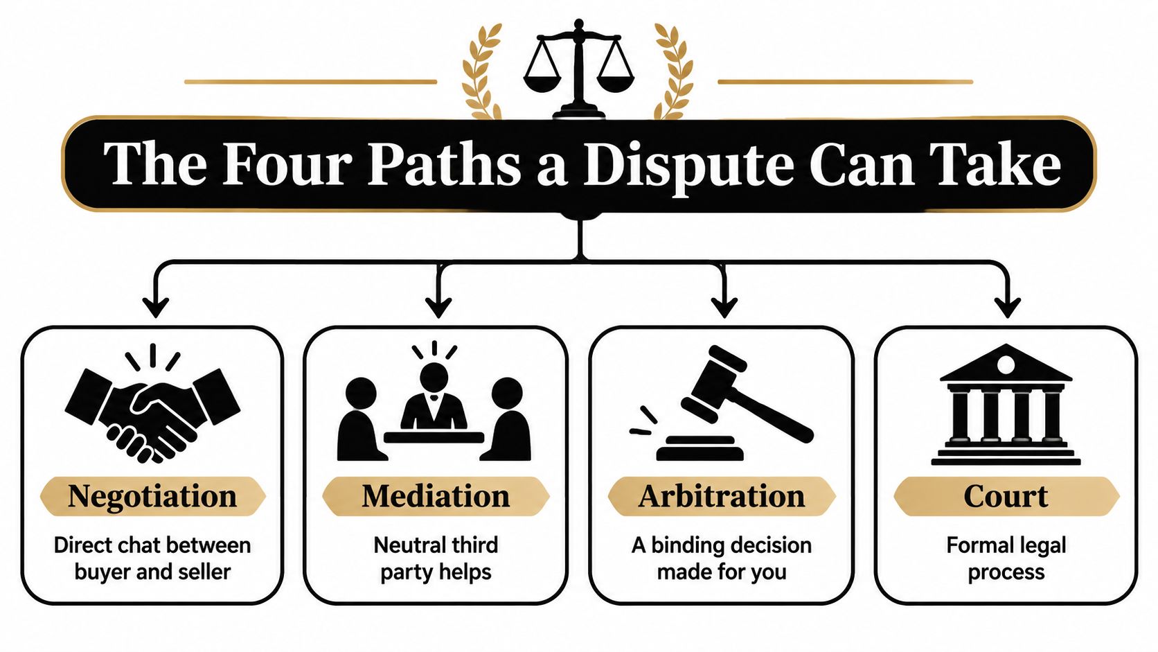 A diagram illustrating the four paths a dispute can take: negotiation, mediation, arbitration, and court.