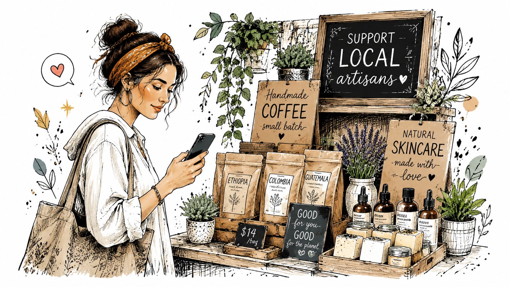 A woman shopping at a local artisan market featuring handmade coffee and natural skincare products.