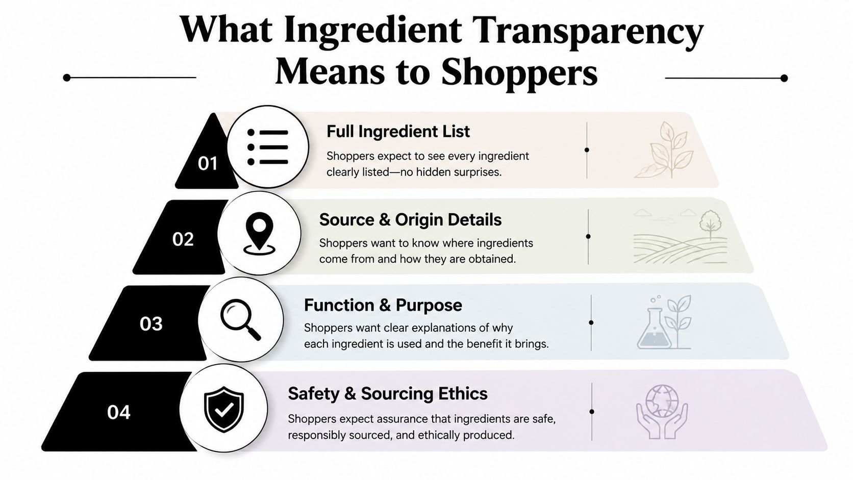 A pyramid infographic explaining what ingredient transparency means to shoppers using four key categories and icons.