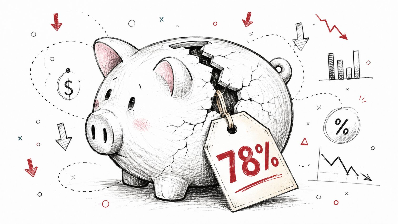 A broken piggy bank with a tag showing a seventy-eight percent discount in a financial illustration.