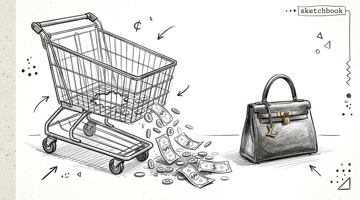 A conceptual sketch shows money spilling from a shopping cart towards a luxury leather handbag.