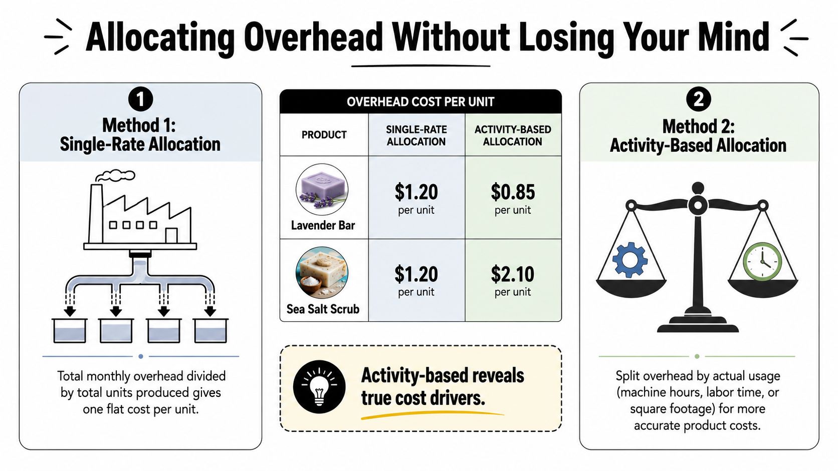 An infographic illustrating two methods for allocating overhead costs: single-rate versus activity-based allocation for product pricing.