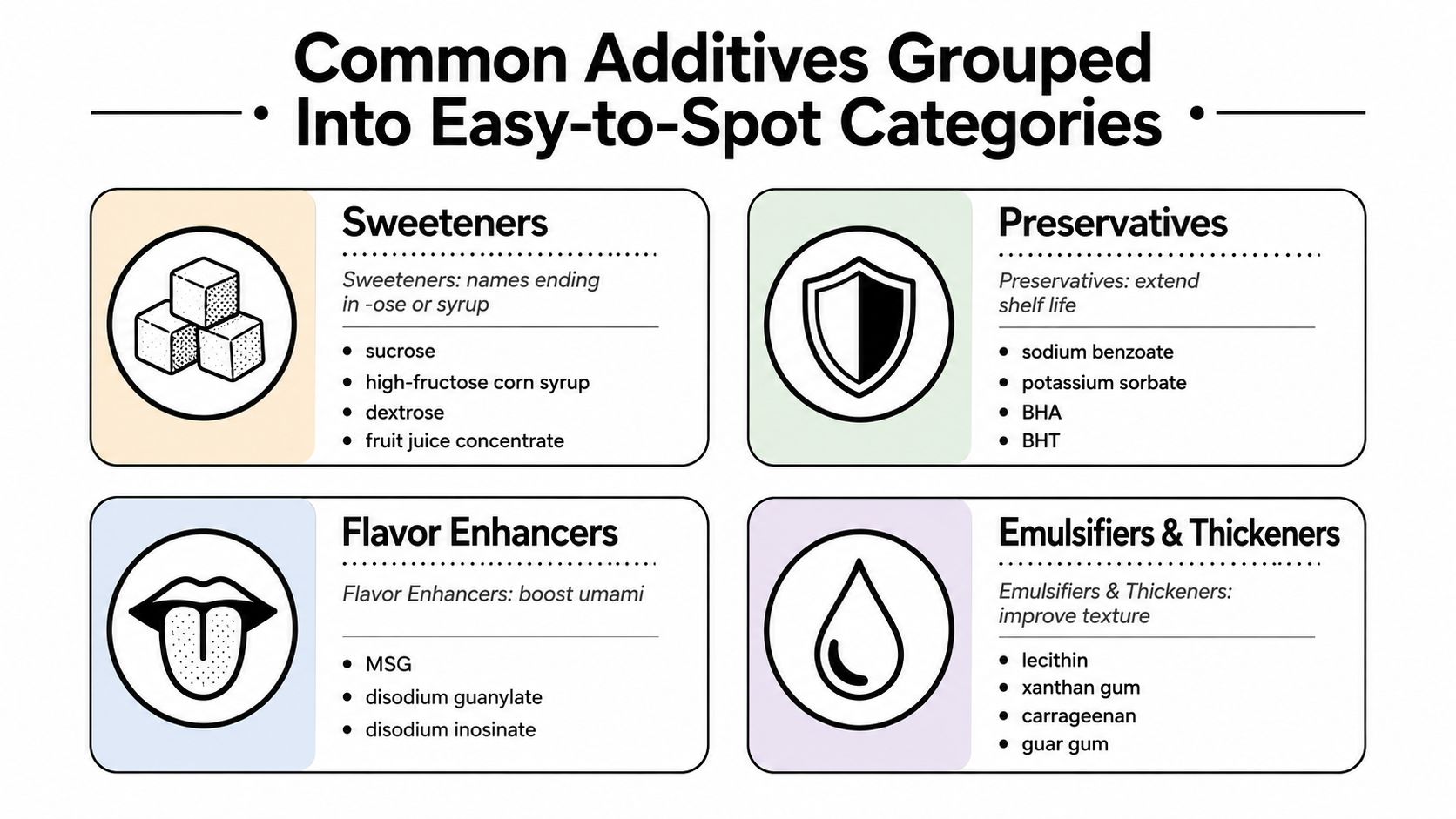 An infographic titled Common Additives Grouped Into Easy-to-Spot Categories listing sweeteners, preservatives, flavor enhancers, and thickeners.