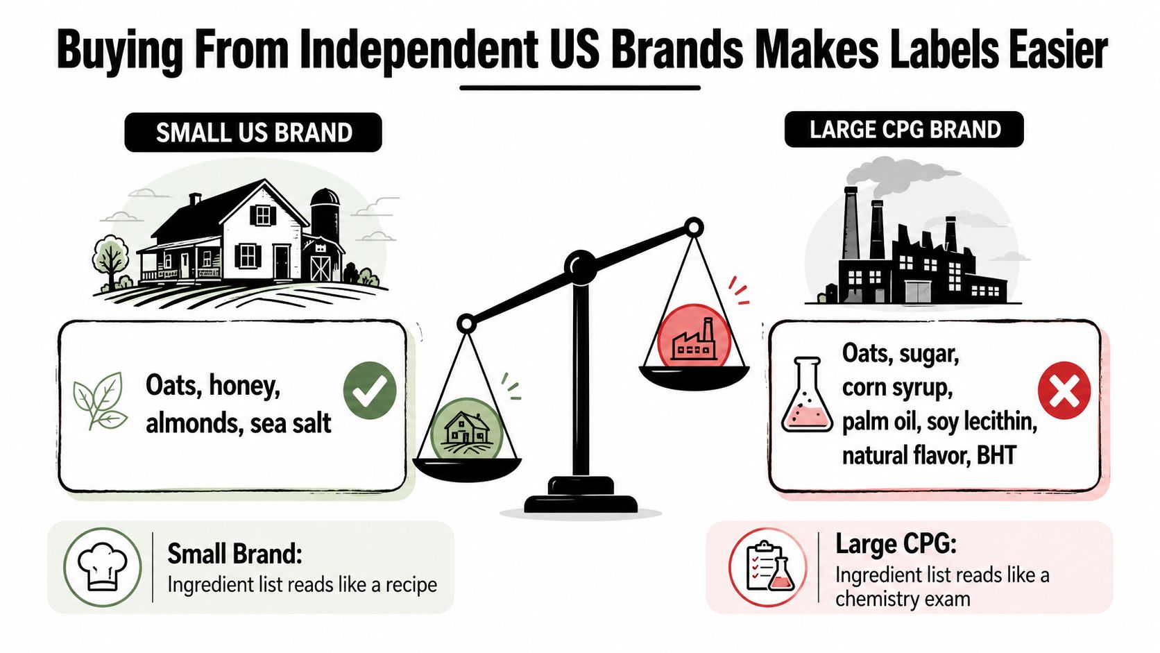 An infographic comparing simple ingredients from small independent brands to complex, lab-made ingredients from large corporate brands.