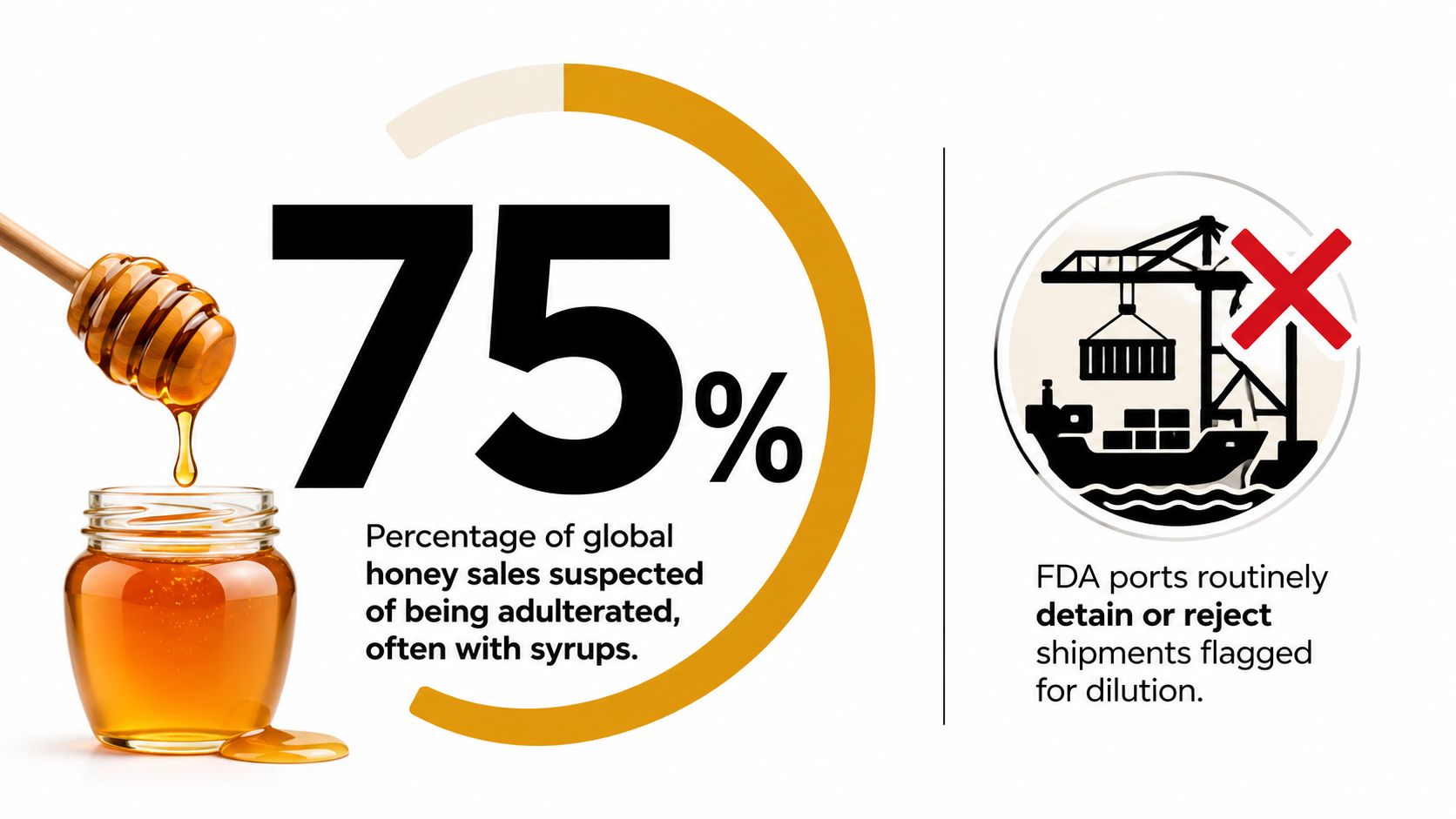 A graphic indicating 75 percent of global honey is suspected of being adulterated with cheap artificial syrups.