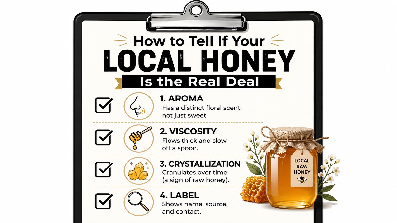 A checklist on a clipboard titled How to Tell If Your Local Honey Is the Real Deal.
