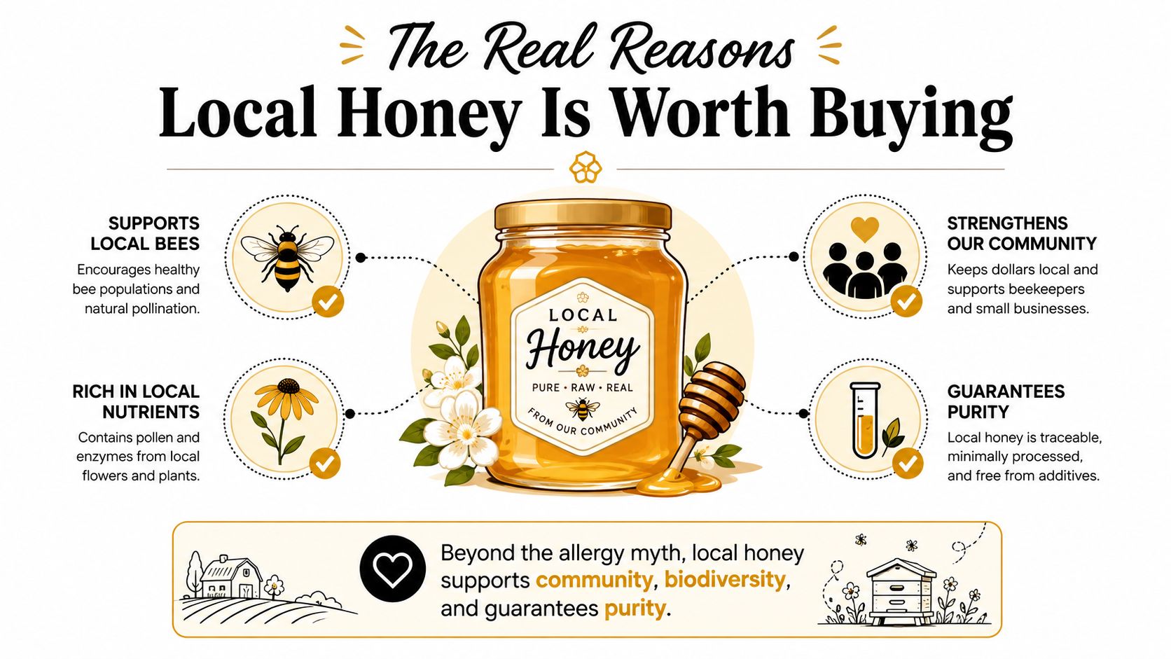An infographic detailing the benefits of purchasing local honey, including support for bees, community, and purity.