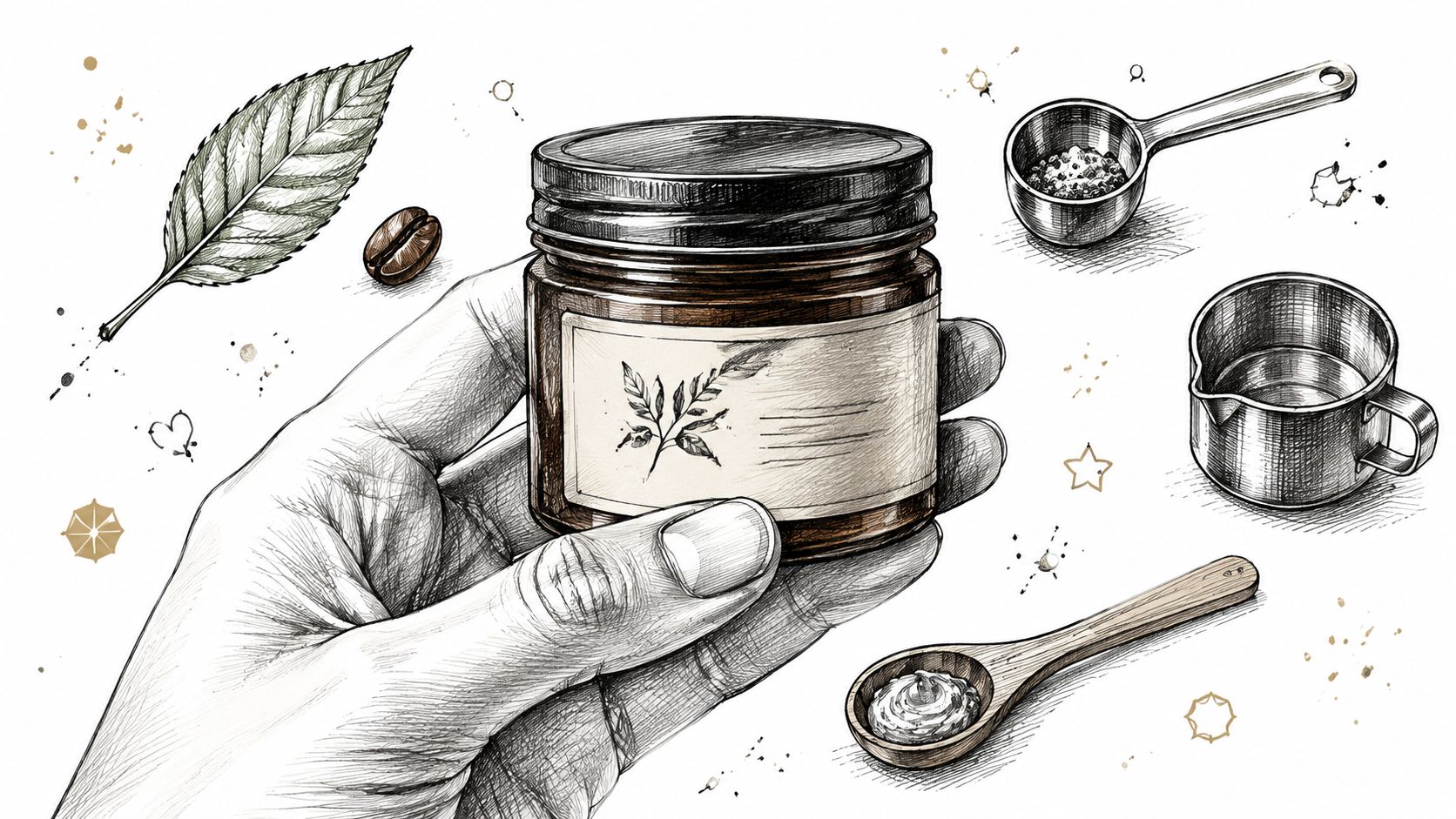 A hand holding a glass jar with a natural botanical label next to coffee and spa ingredients.