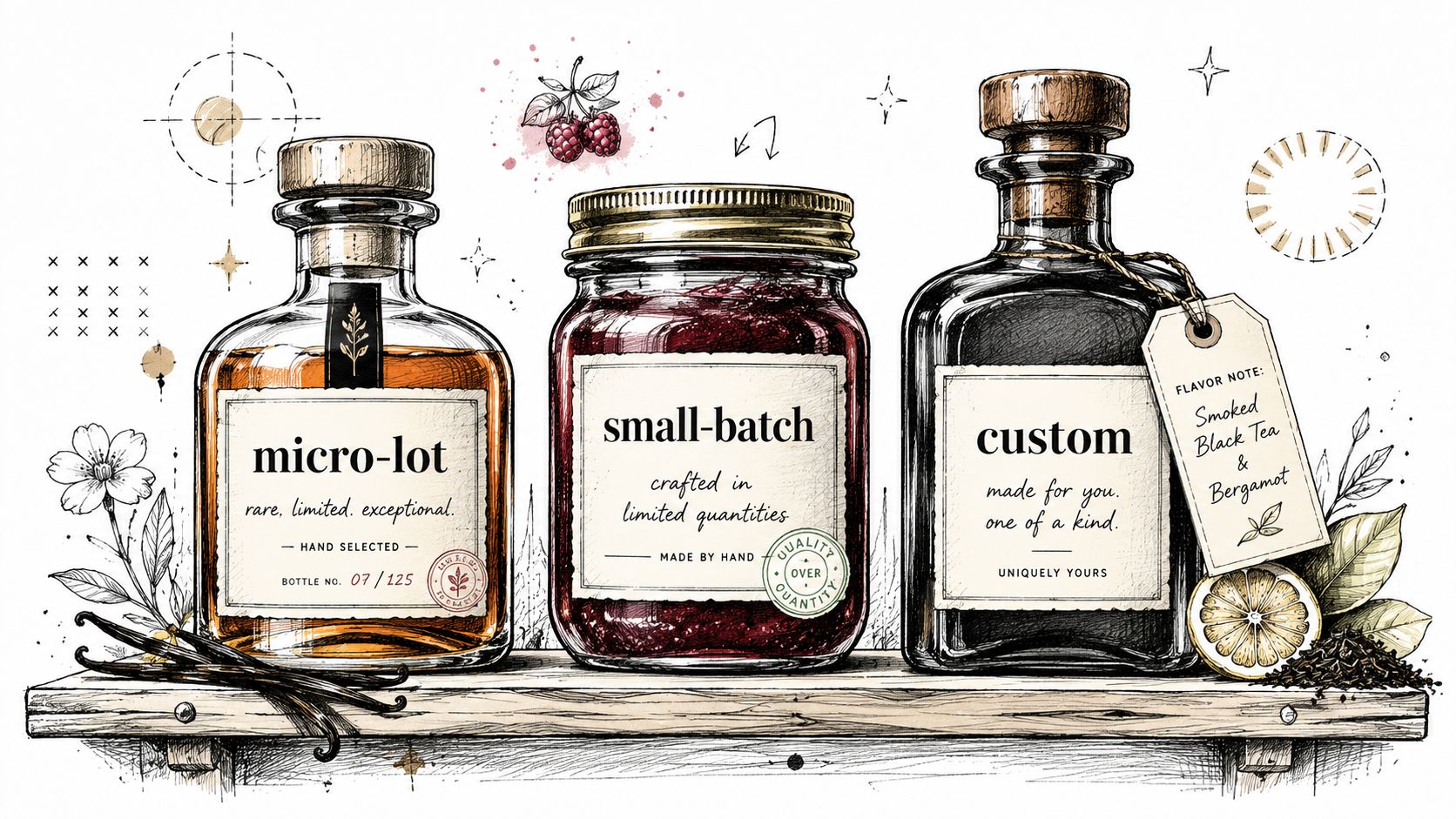 A hand-drawn illustration featuring three glass jars filled with specialty products on a wooden shelf.
