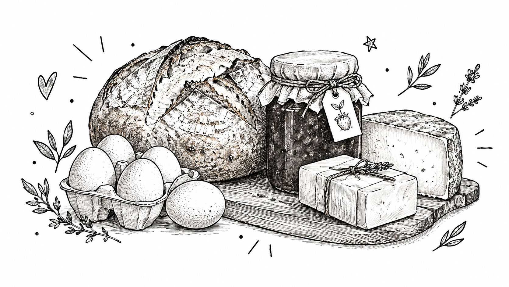 A hand-drawn sketch of fresh farm food including a loaf of bread, eggs, jam, and cheese.