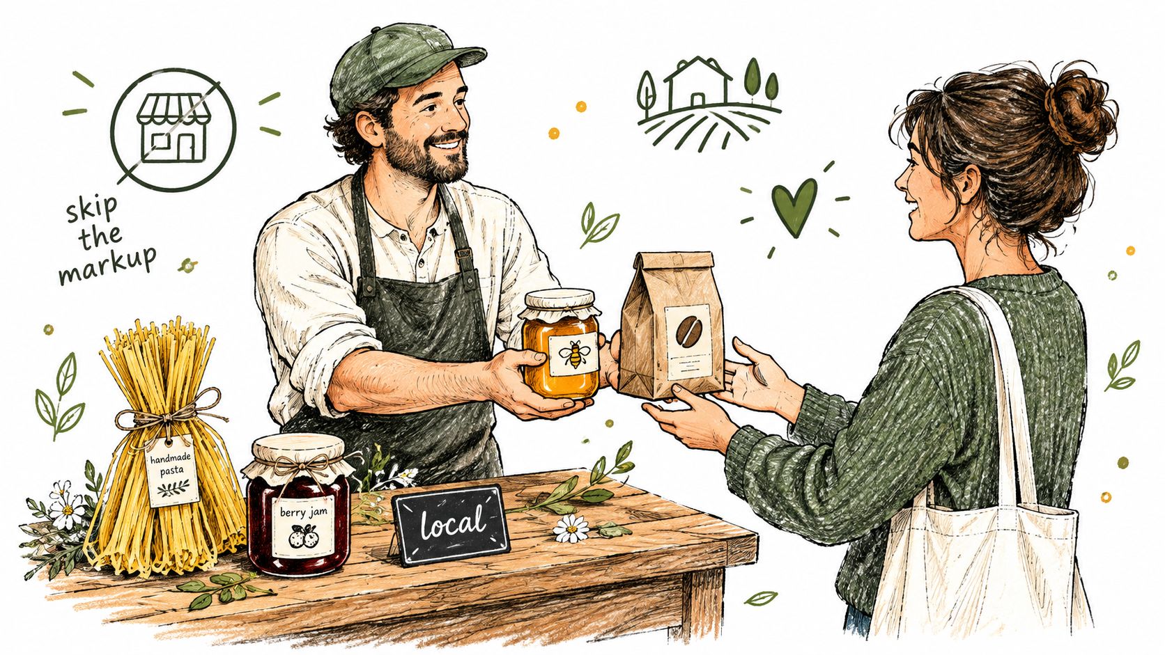 A friendly local farmer handing a jar of honey and a paper bag to a female customer.