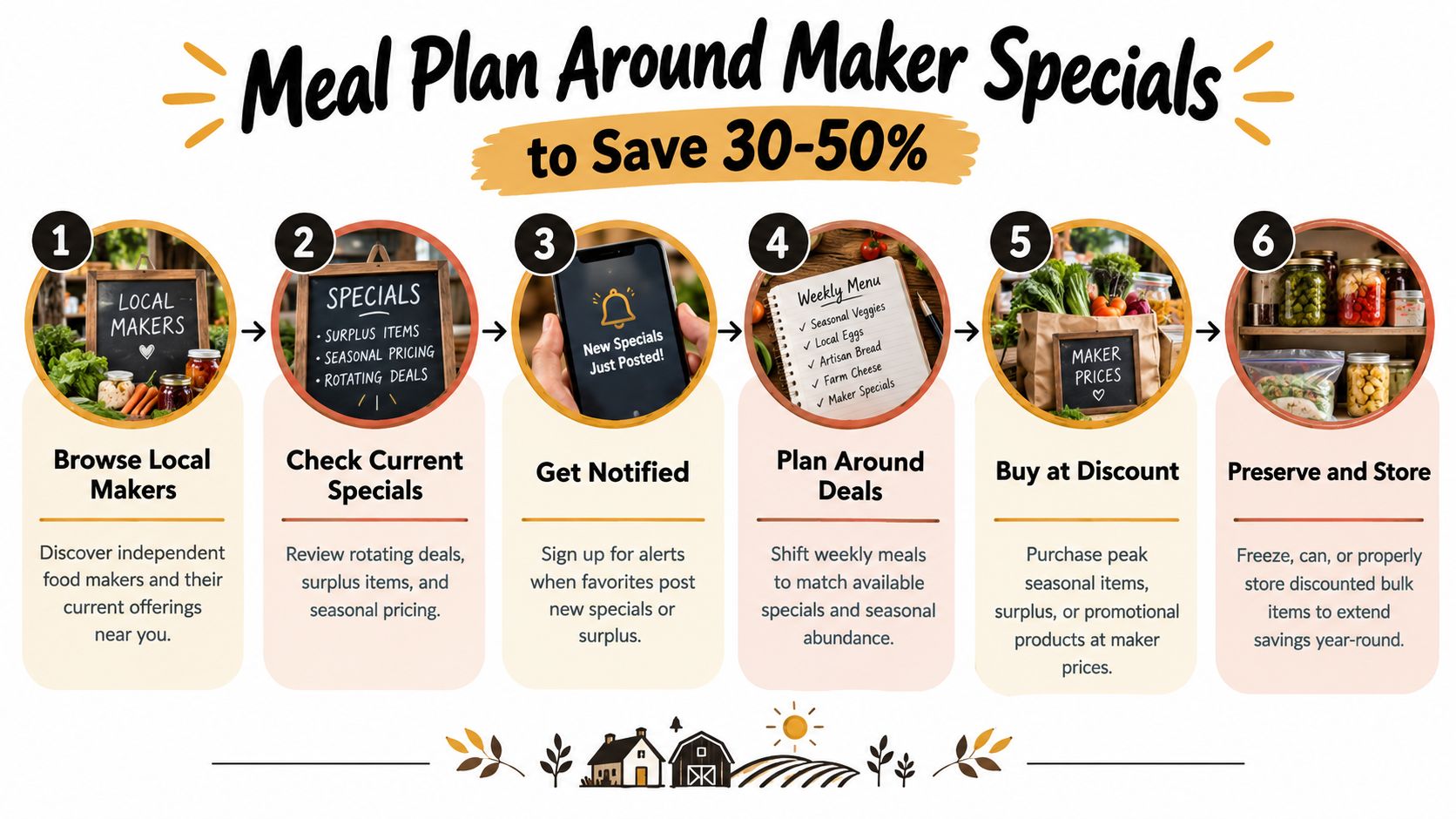 A six-step infographic illustrating how to save money on groceries by planning meals around local maker specials.