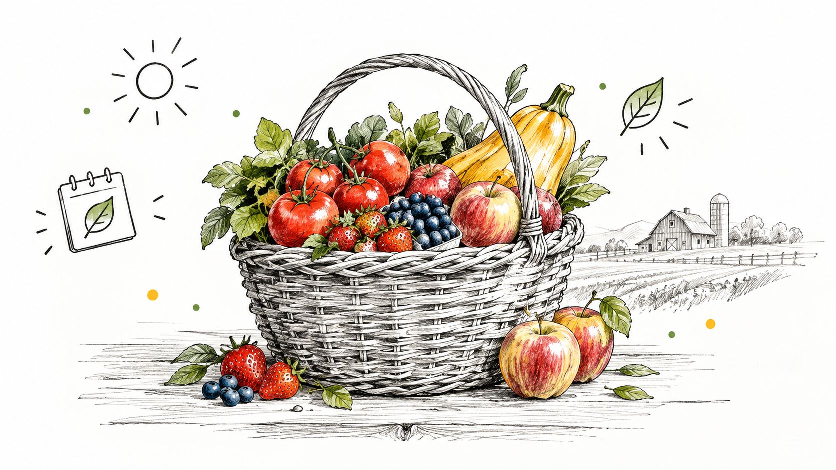 A detailed illustration of a wicker basket overflowing with fresh farm produce like tomatoes, apples, and berries.