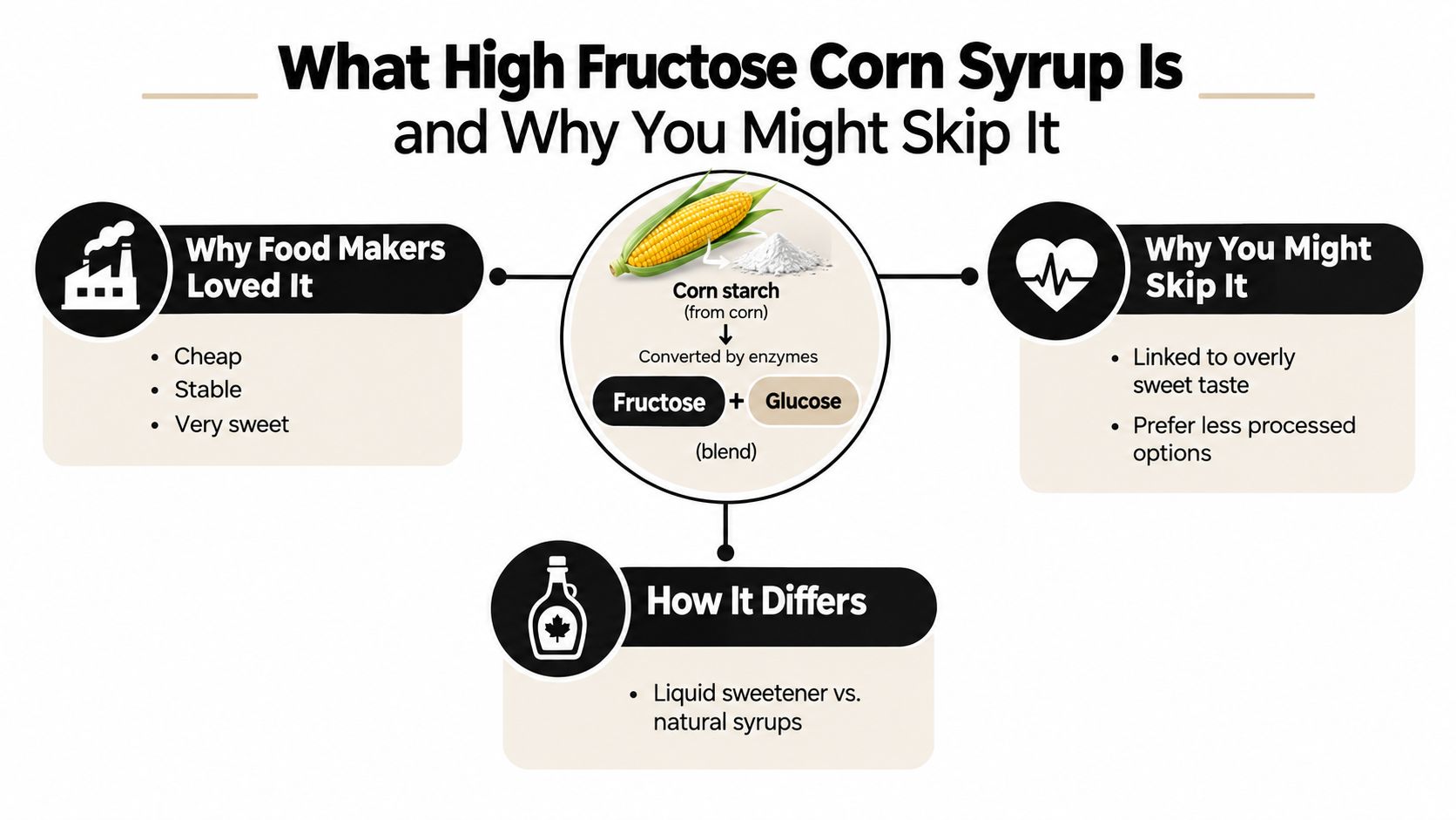 An infographic showing how high fructose corn syrup is made from corn starch and why people avoid it.
