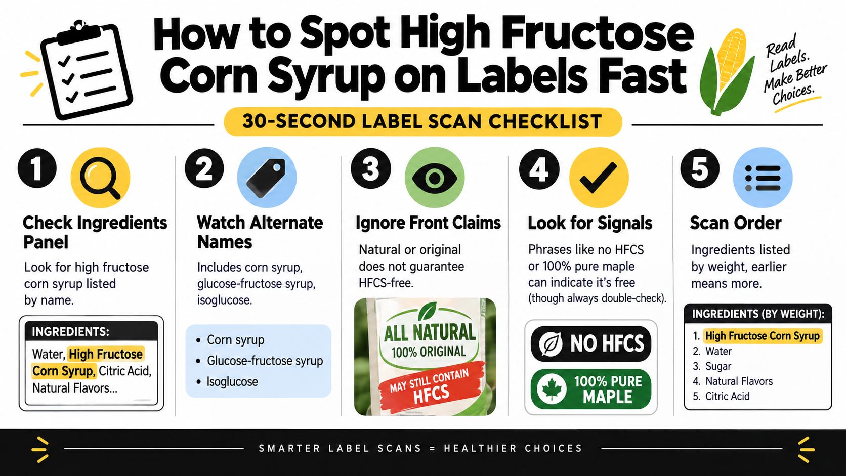 An infographic checklist with five steps to identify high fructose corn syrup on product labels.